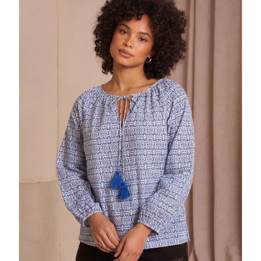 J.Crew Women's Blue White Raglan Cotton Tassel Tie Boho Peasant Top Medium